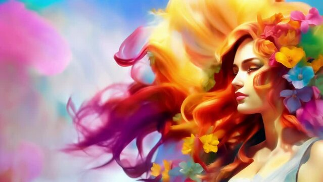 Beautiful Caucasian woman with colored flying hair and flowers. Romantic lady. Rainbow colors. With copy space. Postcard, greeting.