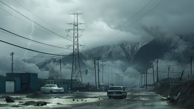 seismic activity, depicting scenes of earthquake aftermath alongside HAARP installations or facilities, aiming to provoke thought and discussion on the conspiracy theory.