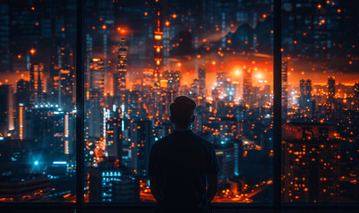 Man is standing near the window on night metropolis background.