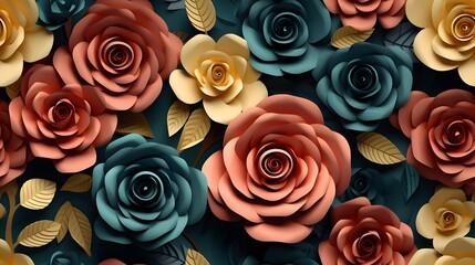 3d rose floral flowers seamless repeat pattern, floral pattern, flower paper art, in the style of light peach and dark teal polish folklore motifs, detailed foliage
