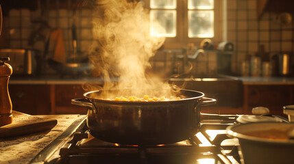 A steaming pot of soup simmers on a stove in a rustic kitchen, casting a warm aroma throughout the room.