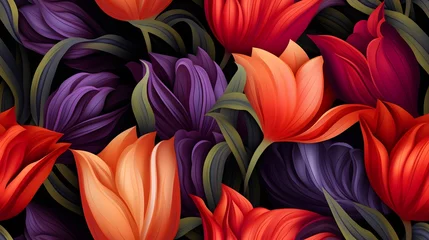 Fotobehang 3d tulip floral flowers seamless repeat pattern, floral pattern, flower paper art, natural colors, detailed foliage. © DYNECREATIVE