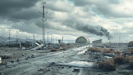seismic activity, depicting scenes of earthquake aftermath alongside HAARP installations or facilities, aiming to provoke thought and discussion on the conspiracy theory. - obrazy, fototapety, plakaty