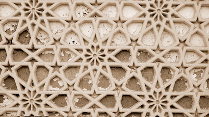 Relief Pattern Old Weathered Cracked Whitewashed Wall. Architecture Decorative Detail Close Up. Vintage Style