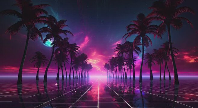 A neon-lit tropical beach with palm trees and a sunset in the background