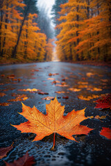 Vibrant Maple Leaf on Wet Asphalt Road in Autumn Forest