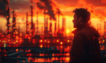 Man standing in front of refinery at sunset