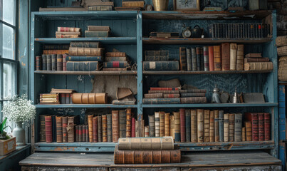 Old books on wooden shelf in library