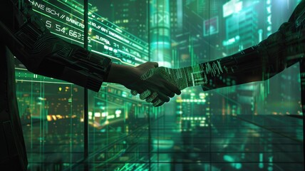 a dynamic scene merging the digital and physical worlds, featuring a handshake between a digital hand and a real hand against the backdrop of a stock exchange.