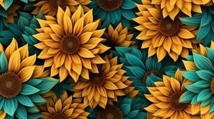 3d sunflower floral flowers seamless repeat pattern, floral pattern, flower paper art, in the style of light peach and dark teal polish folklore motifs, detailed foliage - obrazy, fototapety, plakaty