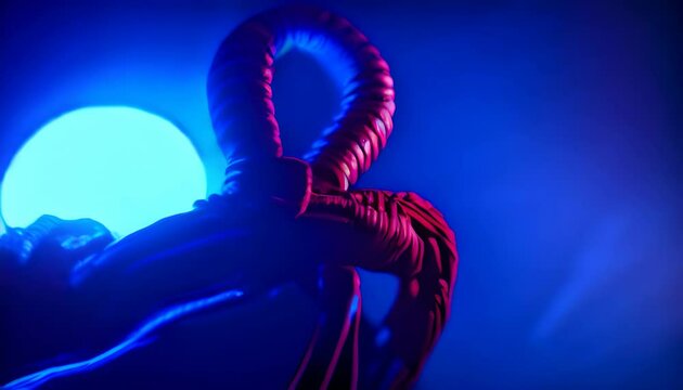 Tentacles of an alien moving in bright blue neon lights. Limbs of an elusive extraterrestrial creature. Xenomorph floating through the spaceship. Attack of xenomorph tentacles from horror sci-fi movie