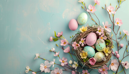 Top view of nest with colorful Easter eggs and flowers. Easter decorative banner, pastel colors