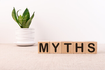 Word MYTHS made with wood building blocks on a light background