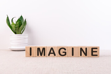 Word IMAGINE made with wood building blocks on a light background