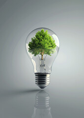 Green alternative energy concept, tree in a light bulb, reasonable consumption and ecology, bright style - obrazy, fototapety, plakaty