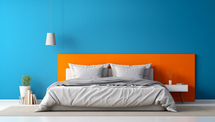 Orange modern double bed with vibrant light blue wall with copy space. Minimalist modern bedroom interior design
