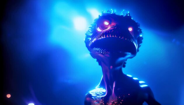 Creepy ravenous alien creature with glowing orange eyes and sharp teeth. Predatory xenomorph in bright neon lights. Eerie and creepy extraterrestrial monster in blue. Terrifying stare of an alien