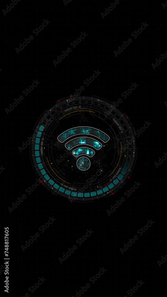 Poster motion graphic of blue digital wifi logo and circle futuristic hud elements with data transfer and w