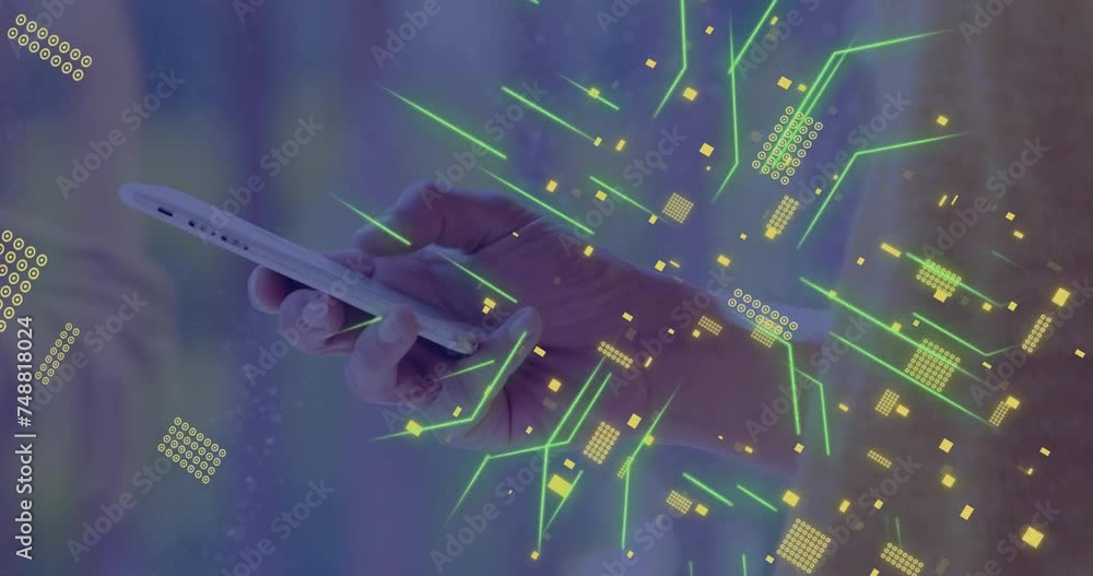 Poster animation of circuit board with data processing over caucasian woman using smartphone
