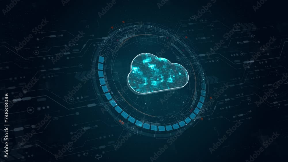 Poster motion graphic of blue digital cloud computing logo and circle futuristic hud elements with flowing 