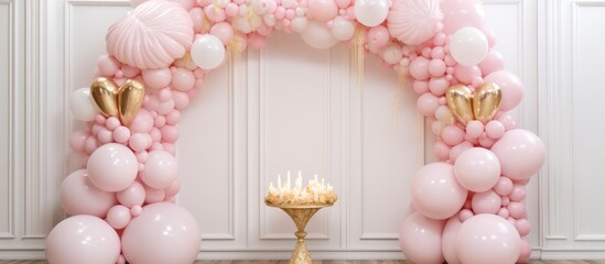 A festive pink and gold balloon arch adorned with candles, creating an elegant and celebratory ambiance. The arch is a part of a luxurious party set-up,