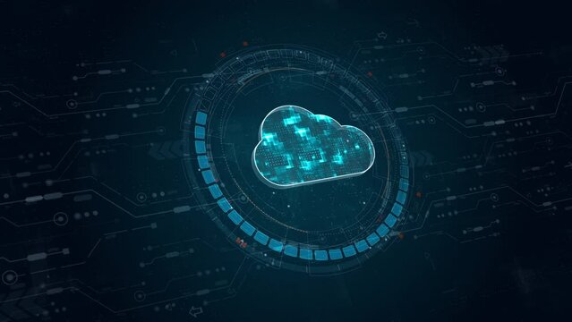 Motion graphic of Blue digital cloud computing logo and circle futuristic HUD elements with flowing arrows storage big data backup concepts on abstract background