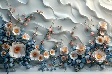 3d mural illustration white & blue background with golden jewelry and flowers, in black decorative wallpaper.	