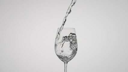 Crystal Clear Water Pouring into Wine Glass on Neutral Background