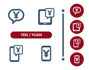 Yen, Yuan icons. Chat bubble, online banking, mobile banking, tablet, smartphone, mobile phone icon