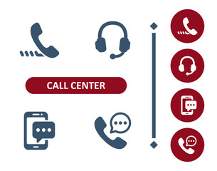 Call center icons. Customer service, customer support, telephone, phone call, headset, smartphone, mobile phone icon