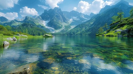 A crystal clear mountain lake with green grass and mountains around and cloudy sky.