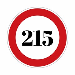 215 kmph or mph speed limit sign icon. Road side speed indicator safety element. Two hundred fifteen speed sign flat isolated on white background 