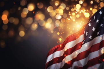 American flag with light spots in a black blurred background. 4th of July Celebration concept. - obrazy, fototapety, plakaty