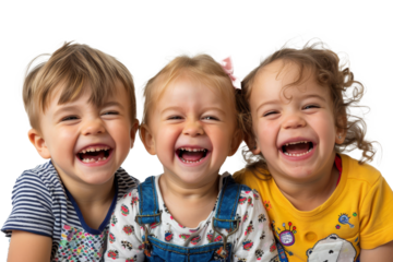 On a white background, small kids are laughing