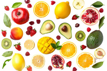 A flat lay of different fruits and berries, top view, apple, strawberry, pomegranate, mango, avocado, orange, lemon, kiwi, peach, isolated on white.