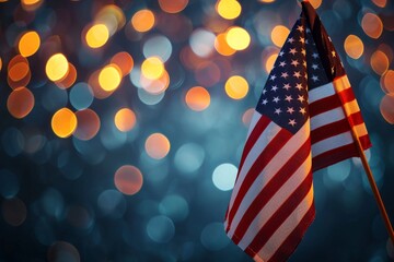 Close up view of American flag with light spots and blue blurred background. 4th of July Celebration concept. - obrazy, fototapety, plakaty