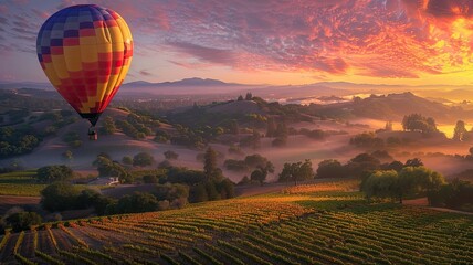 a hot air balloon ride at dawn, as it glides gracefully over a picturesque landscape of rolling...