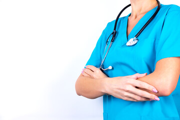 Image of doctor woman in mask, gloves and with stethoscope