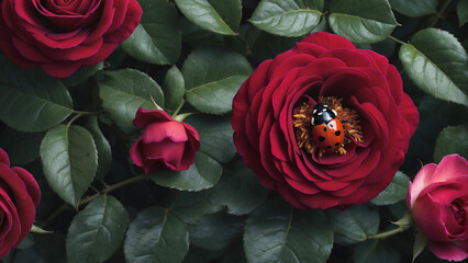 An overhead view of a peaceful garden scene with a ladybug crawling along the soft, velvety petals of a deep crimson rose and the contrast of colors creating a stunning visual composition