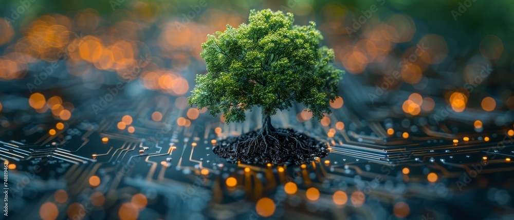 Poster the converging point of a computer circuit board is surrounded by a tree that has soil growing on it