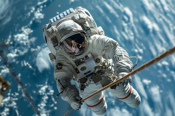 Astronaut Tethered to Spaceship, Earth's Majestic Backdrop