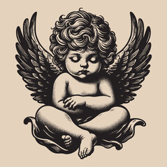 sweet little baby angel is sleeping. Old vintage engraving illustration. Hand drawn outline graphic. Logo, emblem, icon. Isolated object, cut out. black and white - obrazy, fototapety, plakaty