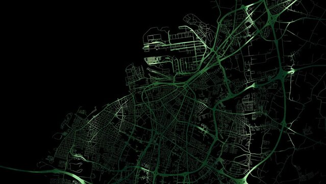 Zoom in road map of Malmo Sweden with green glowing roads on a black background.