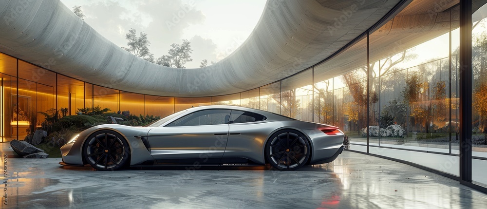 Poster 3d render of abstract futuristic architecture and concrete floor. car presentation.