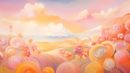 Fototapeta na wymiar Vibrant digital illustration of a whimsical, pastel-colored landscape with candy-inspired elements