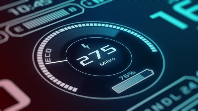 futuristic dashboard display of an electric or hybrid car, charging battery, isometric view, close up (3d render)