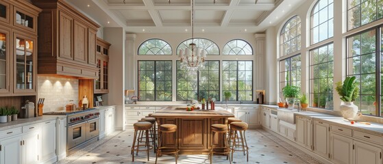 The kitchen is large, white, and features an island with all the appliances. An island chandelier hangs above the island, and tall cabinets reach to the ceiling.