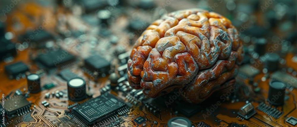 Aufkleber Data mining, deep learning, artificial intelligence, cyber technology innovation. Brain representing artificial intelligence on printed circuit board.