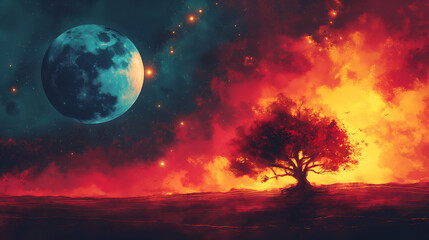 moon in the sky meets the dusk, Fiery Night Sky: A Surreal Landscape Illustration