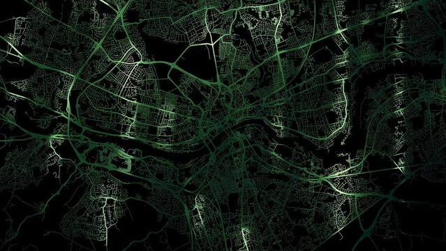 Zoom in road map of Newcastle United Kingdom with green glowing roads on a black background.
